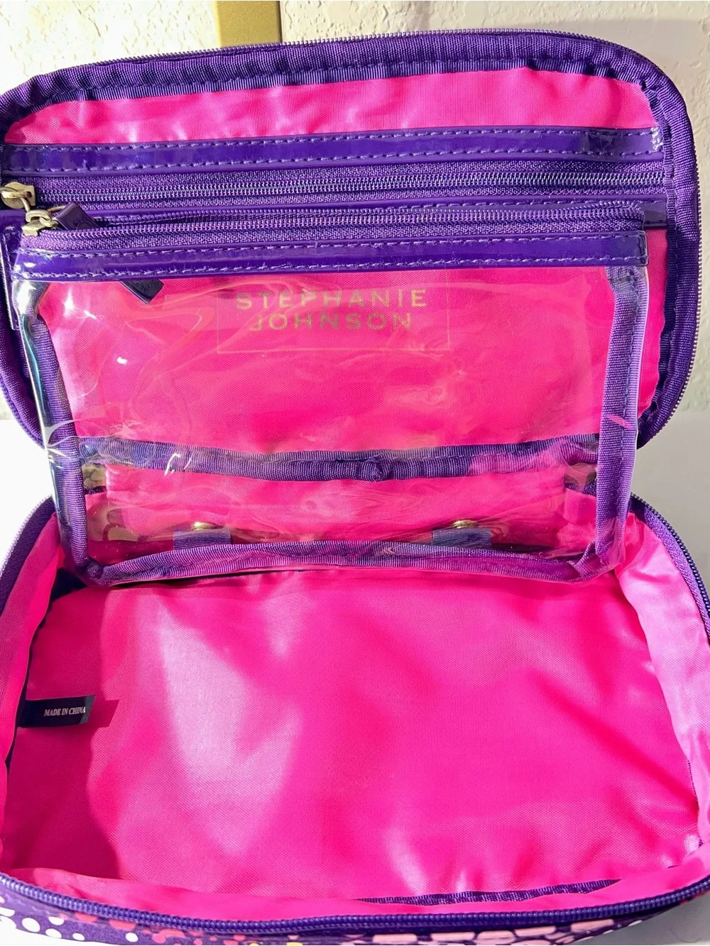 Stephanie Johnson Pink and Purple Dot Travel Cosmetic Case with Detachable Pouch